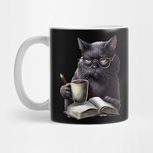 Black cat drinking coffee. Mug